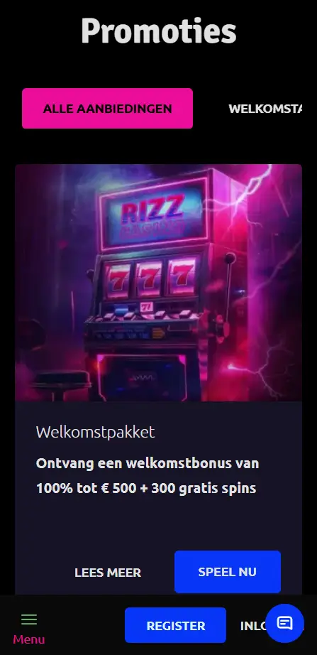 Rizz Casino – welkomstbonus en promoties Rizz Casino promotiespagina met een welkomstpakket kaart: 100% bonus tot €500 plus 300 gratis spins, met een verlichte gokkast op de achtergrond