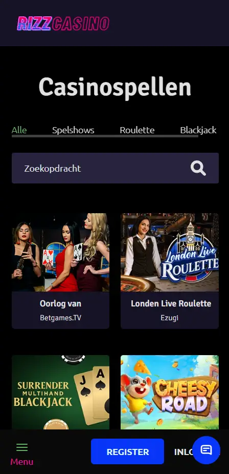 Rizz Casino – live casinospellen met echte dealers Rizz Casino live spellobby met Londen Live Roulette van Ezugi, Surrender Multihand Blackjack, Cheesy Road en Oorlog van Betgames.TV