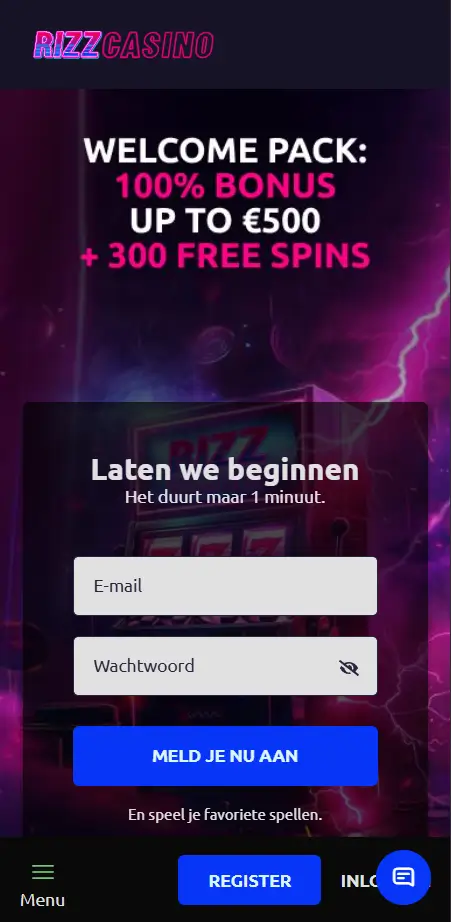 Rizz Casino – aanmelden en account aanmaken Rizz Casino registratieformulier met e-mail en wachtwoordvelden, aanmeldknop en welkomstpakket banner: 100% bonus tot €500 plus 300 gratis spins