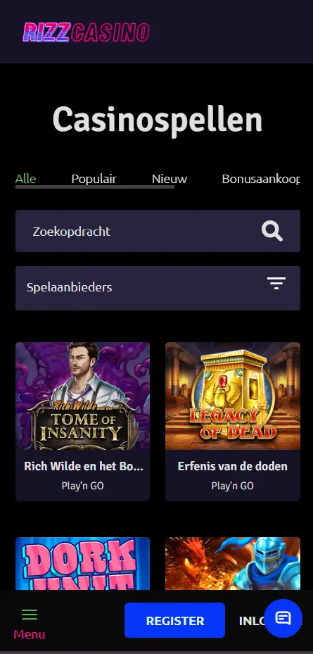 Rizz Casino – casinospellen en slots overzicht Rizz Casino slots lobby met zoekbalk, filter op spelaanbieders en games zoals Tome of Insanity en Legacy of Dead van Play'n GO